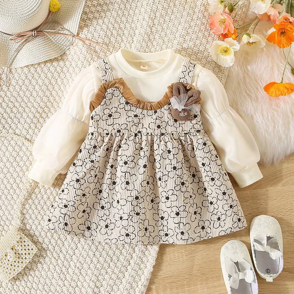Autumn New Girls' Dress Long Sleeve Lantern Sleeve Bunny Decorated Lace Flower Print Fake Two Halter Girls' Dress